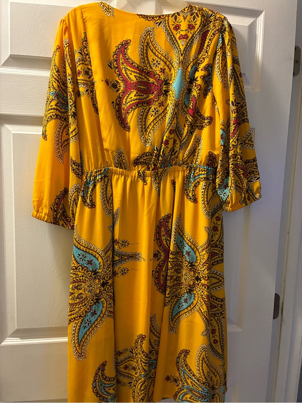 NWT New York & Company Bright Yellow Paisley Trim Wrap Dress flowy sleeves - Picture 3 of 9